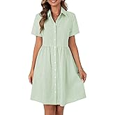 Rooscier Women's Striped Shirt Dress Button Down Collared Short Sleeve Mini Dress