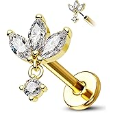 COCHARM 14K Solid Gold Dangling Flower Helix Flat Tragus Earring Stud 6mm Flat Back 16g Yellow Gold Push Pin Ear Piercing Stud 14k Gold 16g Dangling Lotus Ear Piercing