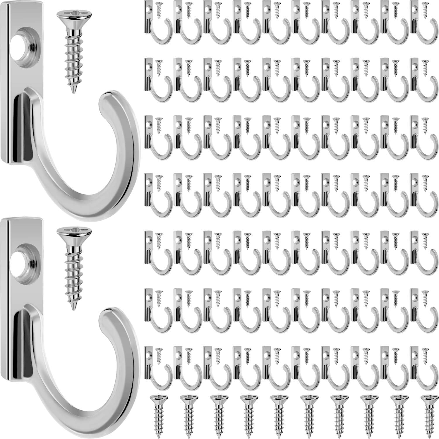 Zhehao 100 Pieces Wall Mounted Single Hook Robe Hooks Coat Hooks and 110 Pieces Screws for Hanging Key Hooks Jewelry (Silvery)