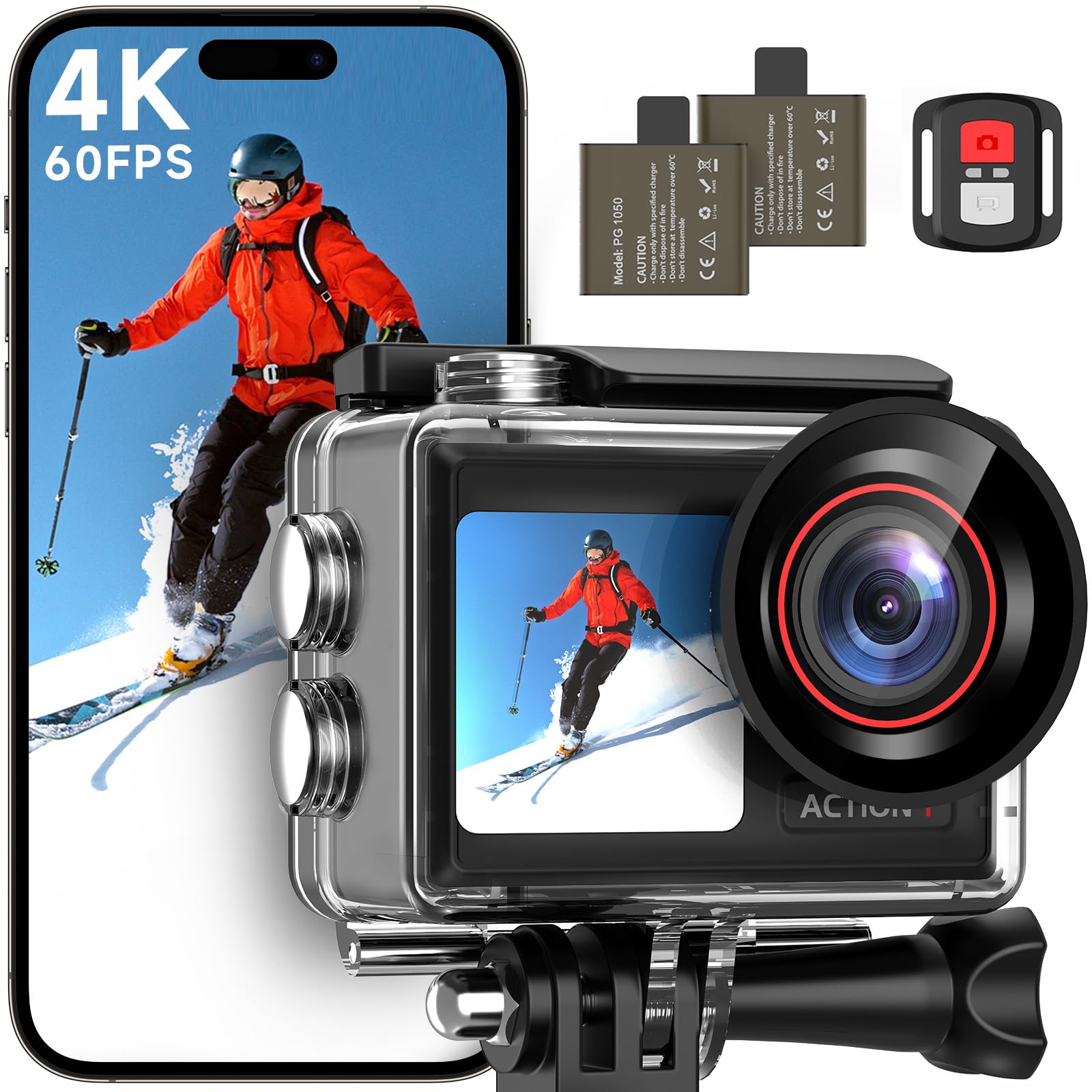 ODDV 4K60FPS 30MP Action Camera with Front LCD and Touch Rear Screens, Underwater Camera with 5X Zoom, 132FT Waterproof Camera, EIS, WiFi Remote Control（Black）