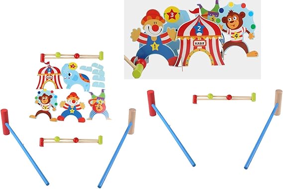 SN Toy Zone High Quality Wooden Cartoon Croquet Set Circus Gate Ball with 2 Golf Sticks,2 Balls and 5 Goal/Hole Makers with Stand.Croquet Toy Puzzle