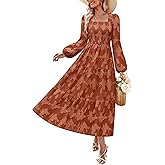 ZESICA Women's 2026 Spring Floral Midi Dress Long Sleeve Smocked Flowy Long Wedding Guest Vacation Dresses