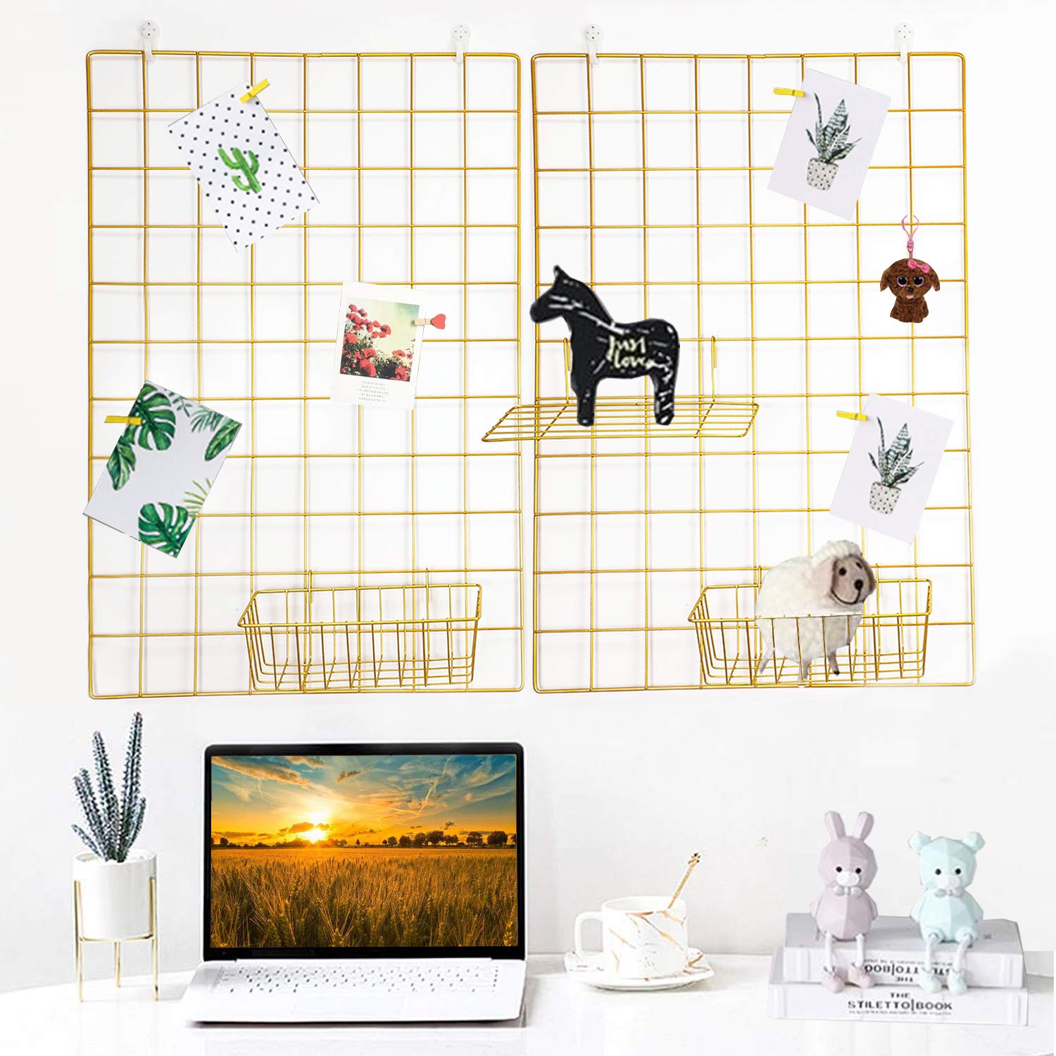 GBYAN 2 Pack Wall Grid Panel with Clips Hanging Photo Display Shelf Wire Notice Board Metal Grid Rack Art Organizer Home, Office & Kitchen Décor Mesh Picture Board