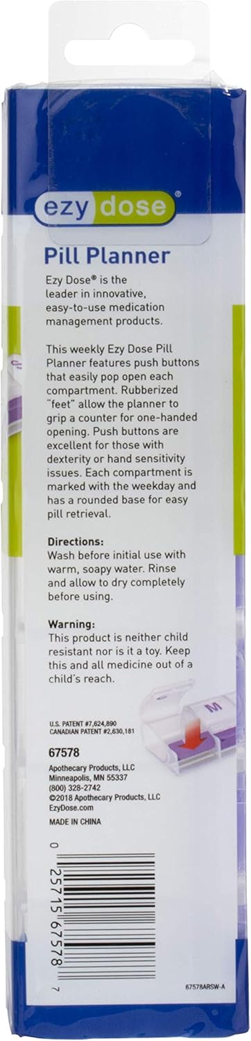Ezy Dose Push Button (7-Day) Pill, Medicine, Vitamin Organizer Box | Weekly, Daily Planner | Large Compartments | Arthritis Friendly | Clear Lids: Health & Personal Care