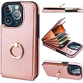 Folosu Compatible with iPhone 13 Pro Case Wallet with Card Holder, 360°Rotation Finger Ring Holder Kickstand Protective RFID Blocking PU Leather Double Buttons Flip Cover 6.1 Inch Rose Gold