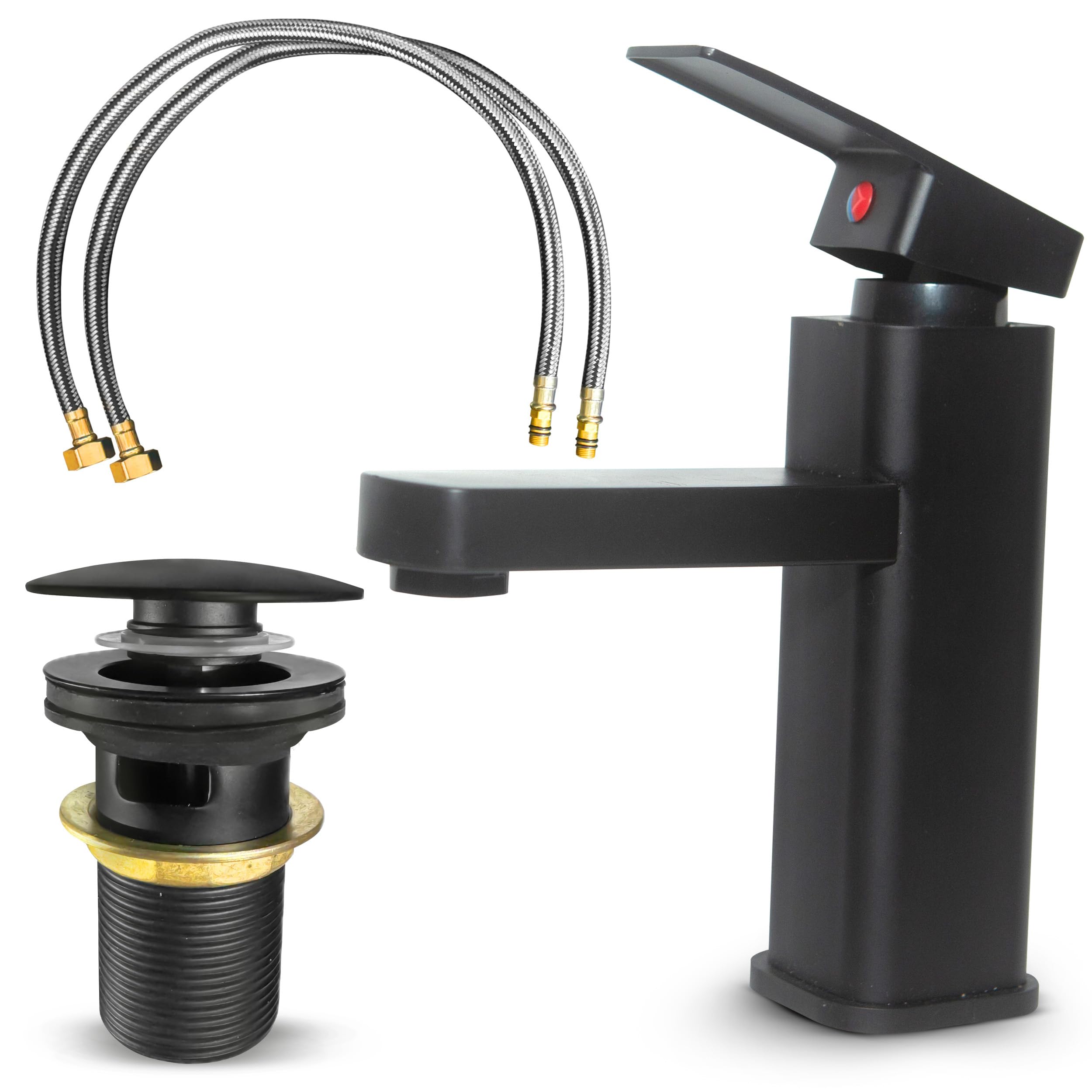 MSC Black Mixer Tap - Single Lever Design, Matte Black Basin Tap, Cloakroom Basin Mixer, Includes Pop Up Waste and Hoses
