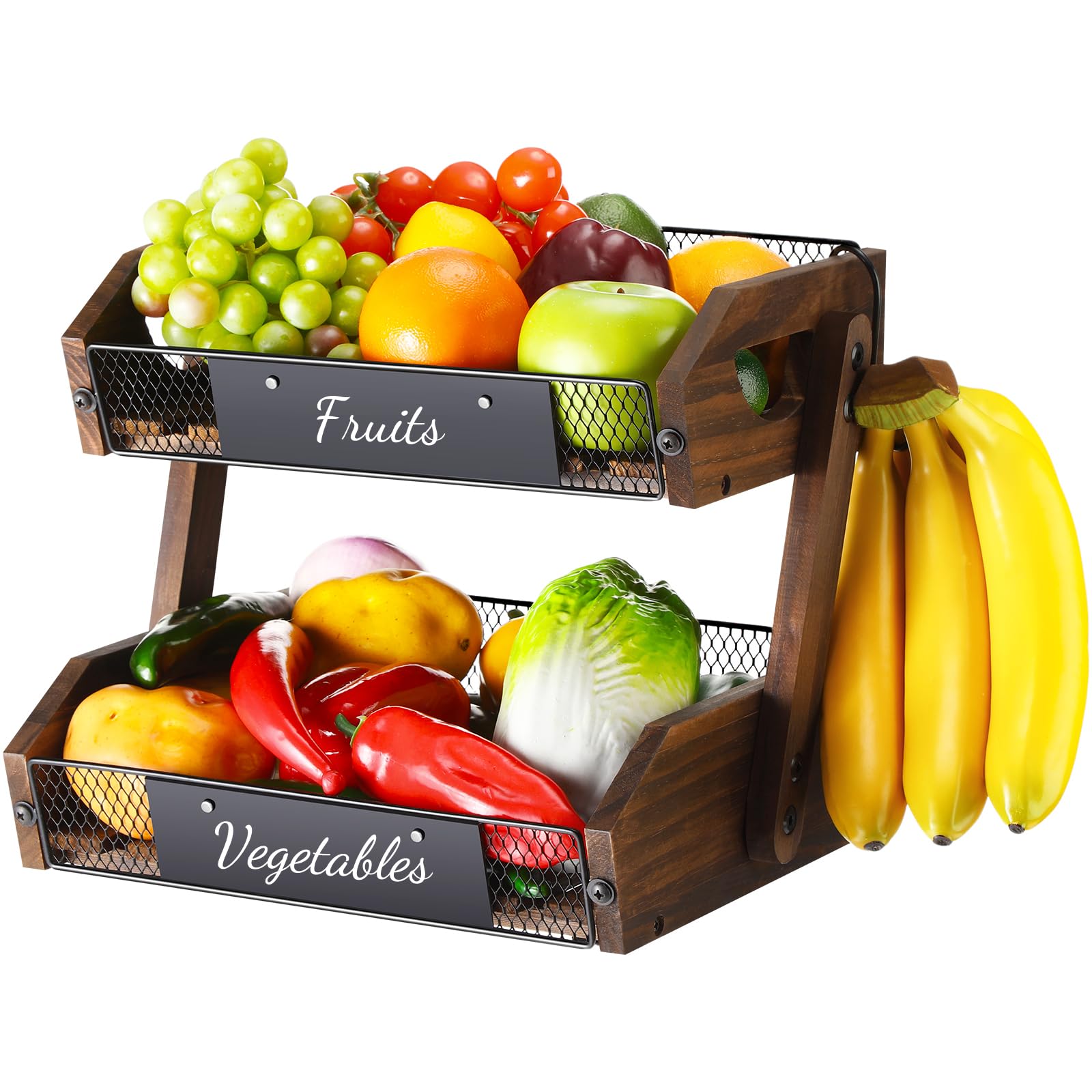 Photo 1 of Briwooody Snack Stand Wooden Fruit Basket for Kitchen Counter with Banana Hangers Holder Vegetable Storage, Fruit Bowl for Onion Potato Bread Organizer(2 Tier)