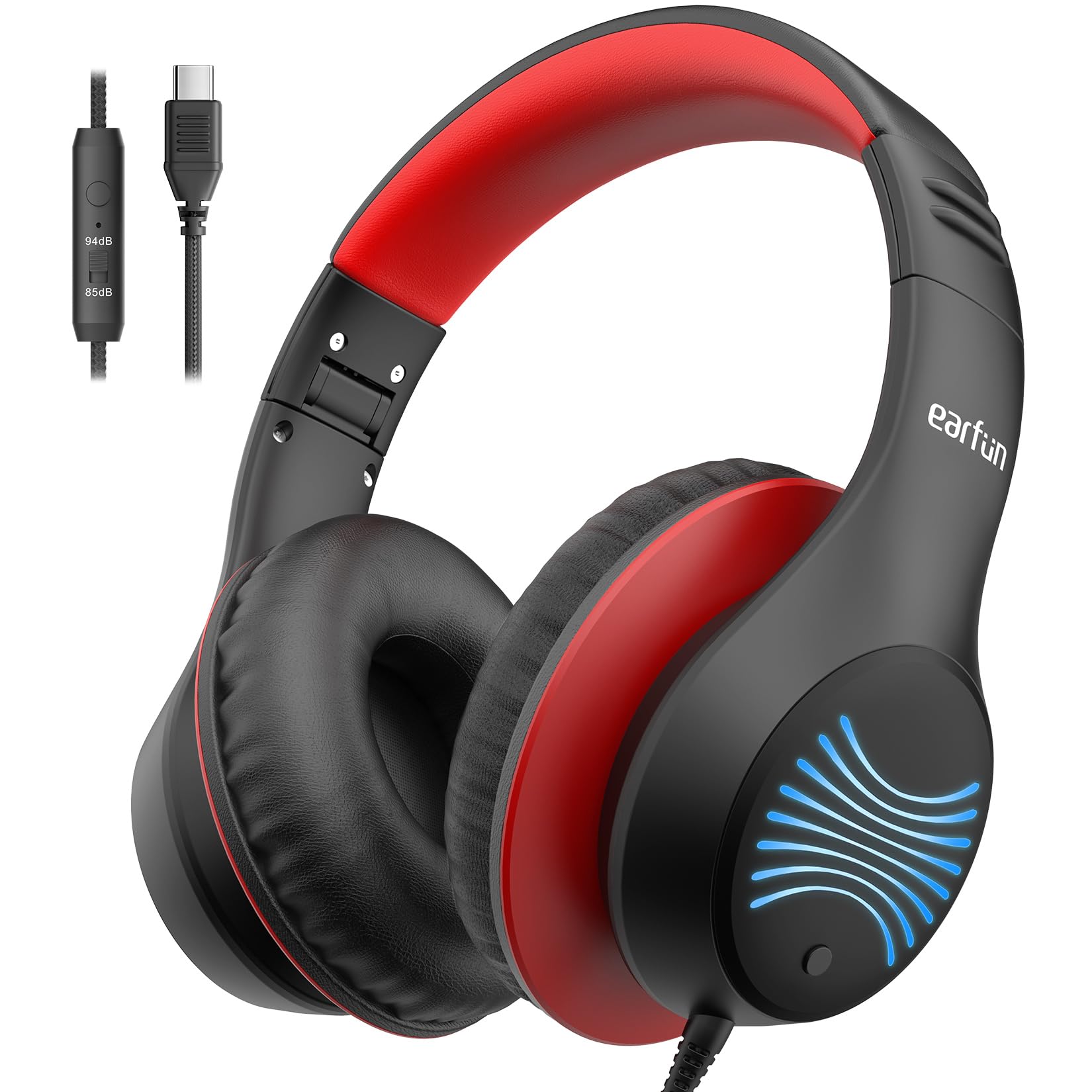 EarFun Kids Headphones with LED Light, Over Ear Wired Children Foldable Headphones with Microphones, 85/94dB Safe Volume Limit, HD Stereo Sound, Type-C Cable, School/Travel/Boys/Teen/Tablet/Pad, Black