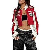 SHENHE Women's Y2k Cropped Moto Biker Jacket Zip Up Color Block Vintage Racing Bomber Jacket