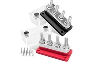 GMURA 2Pcs Marine Battery Bus Bar 12-48V 600A, 4 M10 Studs (3/8") Heavy Duty Power Distribution Terminal Block, High Current Copper Busbar with Waterproof Cover, Red & Black