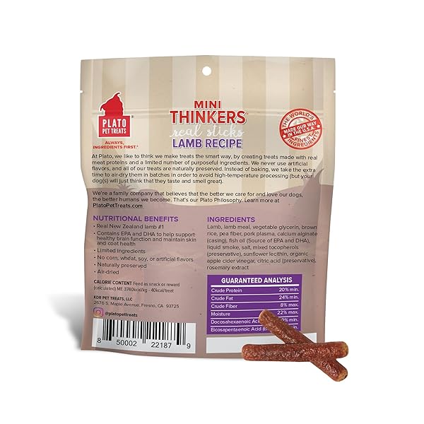 PLATO PET TREATS THINKERS – MEAT STICK TREATS FOR DOGS – LIMITED INGREDIENT DOG TREATS WITH EPA AND DHA TO SUPPORT SKIN, COAT, AND BRAIN – AIR-DRIED DOG TREATS – MINI THINKERS LAMB 3OZ