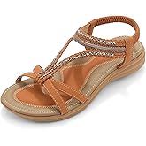 UBFEN Womens Flat Sandals with Arch Support - T-Strap Thong Sandals with Elastic Back Strap, Comfortable for Walking, Bling, Rhinestone, Dressy