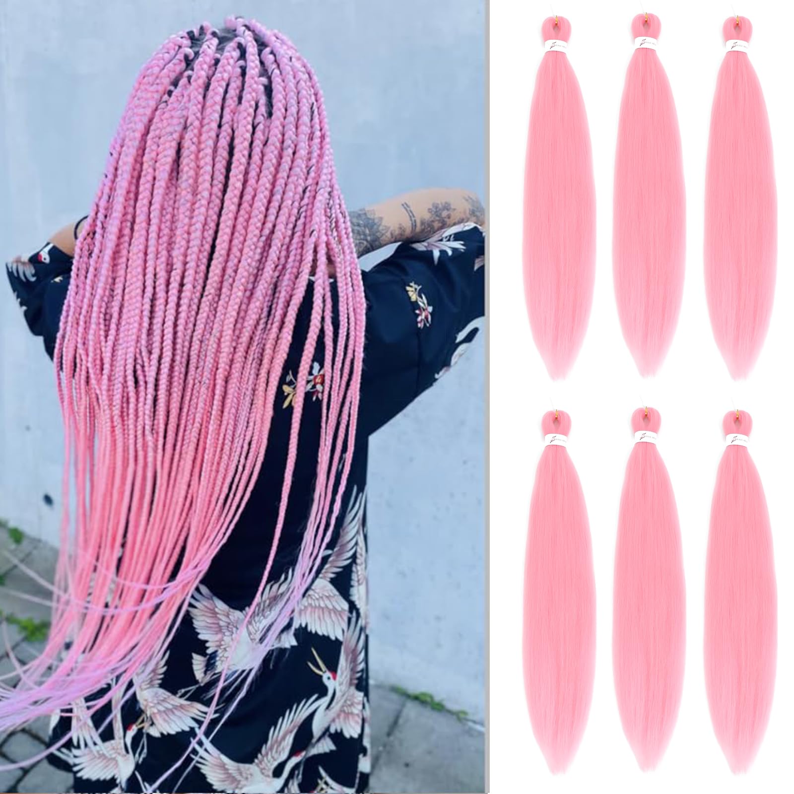 26 Inch Pre Stretched Braiding Hair，6 Packs Soft Yaki Texture EZ Braid for Box Braids Hot Water Setting Synthetic Fiber Hair Extensions（Pink）