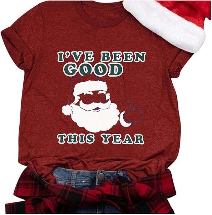 Amazon クリスマス レディース Tシャツ レディースクリスマスプリントラウンドネック半袖ホームサービス半袖トップス クリスマス