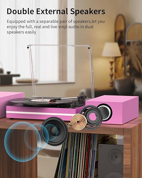 VINYL RECORD PLAYER WITH TWO EXTERNAL SPEAKERS BELT-DRIVE TURNTABLES FOR VINYLS RECORDS DUAL STEREO SPEAKERS LP PLAYERS 3 SPEED FULL SIZE WIRELESS AUX-IN HEADPHONE AUTO STOP PINK