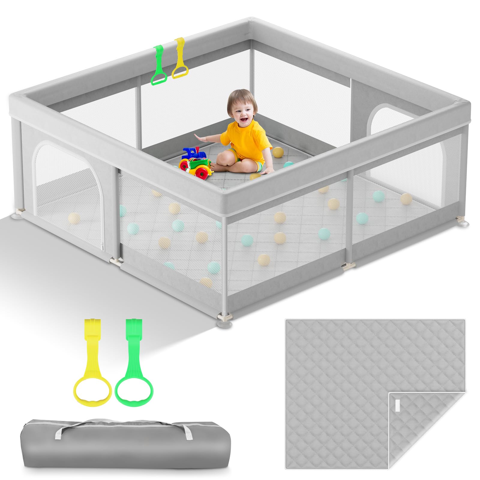 Omzer Baby Playpen with Mat 50x50inch: Large Playpen for Babies and Toddlers Indoor Safety Play Pen with Soft Breathable Mesh – All-Wrapped Sponge Sturdy Play Yard with Stable Magic Sticker
