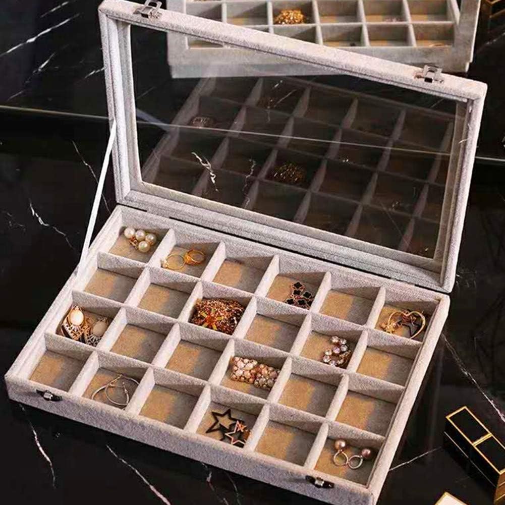 STYLIFING Clear Lid Velvet 24 Grid Jewelry Tray Transparent Jewelry Display Showcase Lockable Felt Jewelry Storage Organizer Charm Box Holder Gifts for Girls Women: Home & Kitchen