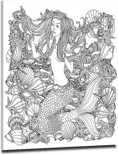 Amazon 人魚の装飾 壁絵 絵画 モダン 30x40cm 壁絵 新築飾り 贈り物 玄関飾やリビング飾りなどに最適です新築飾り 贈り物 芸術的なデザインの貝殻ヒトデ海藻図曲線装飾人魚 アートフレーム ポスター オンライン通販