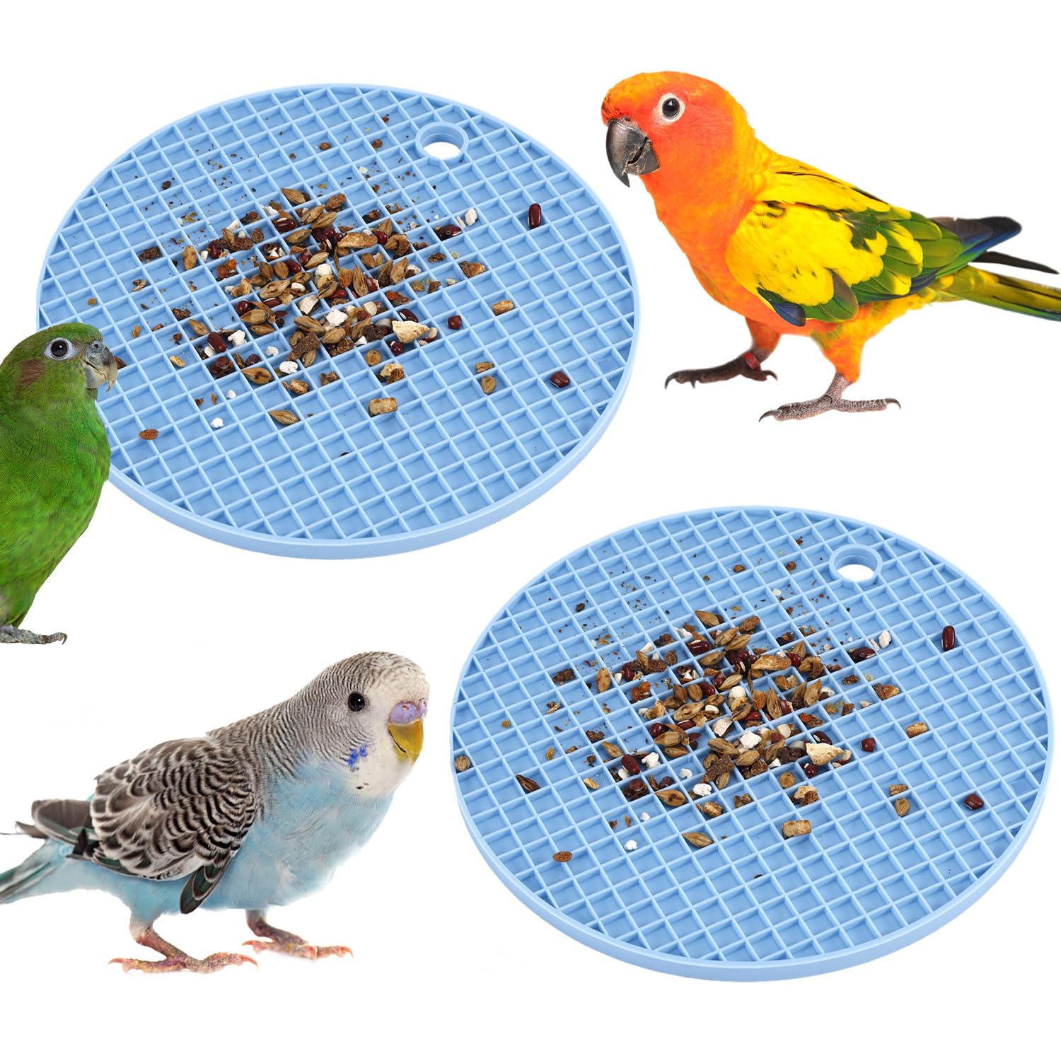 NQEUEPN 2pcs Bird Slow Feeder Mats, Parrot Foraging Toys Silicone Bird Slow Feeding Mat Interactive Bird Foraging Toys Puzzle for Pet Birds Cockatiel Parakeet Conure Budgies African Grey (Sky Blue)