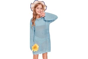 Batermoon Girls Crochet Long Sleeve Swimsuit Cover Up Kids Fashion Hollow Out Swimwear Beach Dress 5-14 Years