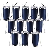 CWRIEB 20oz insulted tumblers stainless steel cup Tumbler Bulk with push Lid, and metal straw powder coated coffee cup for cold and hot drinking (12, navy blue)