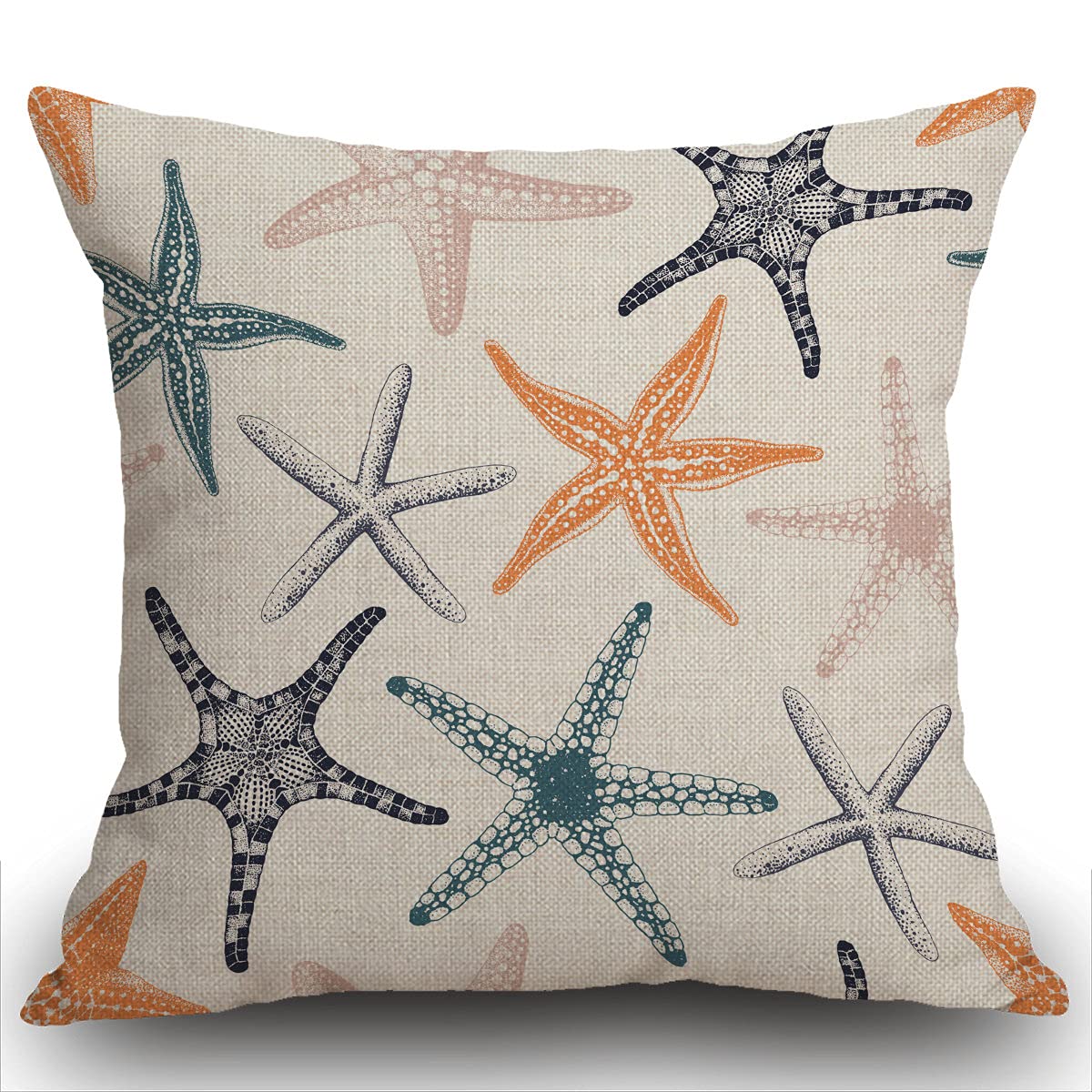 Smooffly Cushion Cover 45 x 45 cm, Beach Ocean Coastal Orange Black and Blue Starfish Decorative Pillow Cover Home Decor Standard Square 18x18 Inches Summer White Pillowcase