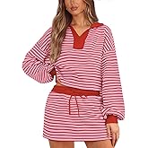 Women's Striped 2 Piece Set for women Sweatshirt Mini Skirt Sets Tennis Workout Tracksuit Matching Lounge Outfits