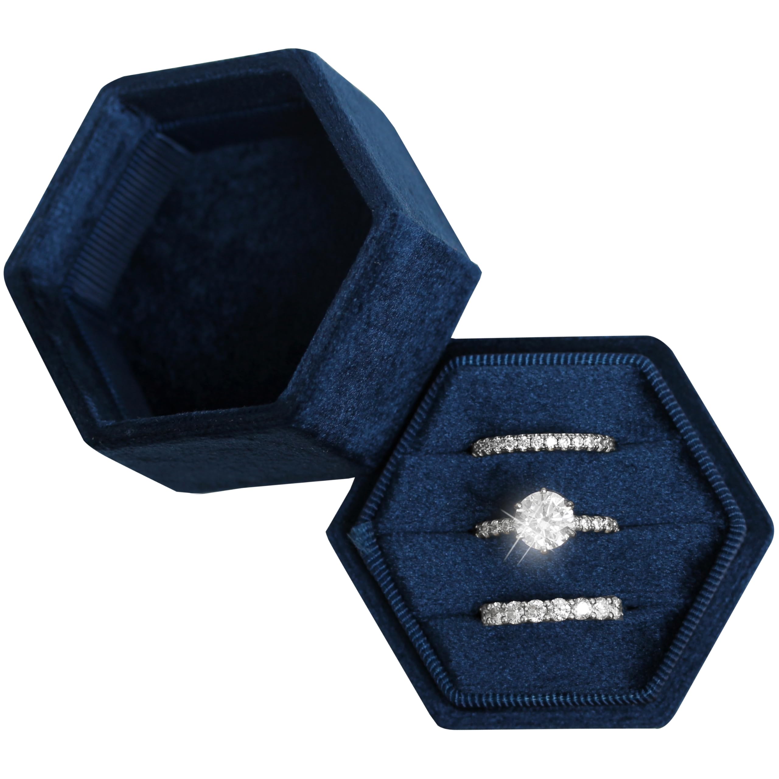 Photo 1 of BLUTETE Velvet Jewelry Ring Box,Hexagon 3 Slots Wedding Day Ring Box,Premium Vintage Ring Display Holder Case for Wedding Ceremony Proposal Engagement(Navy)
