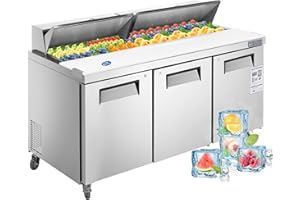 kalifon 72" W 3 Door Refrigerator Sandwich Salad Prep Table Commercial Stainless Steel Fan Cooling Refrigerator with Cutting Board, 3 Shelves & 30 Pans for Restaurant, Bar, Shop-20 Cu.ft