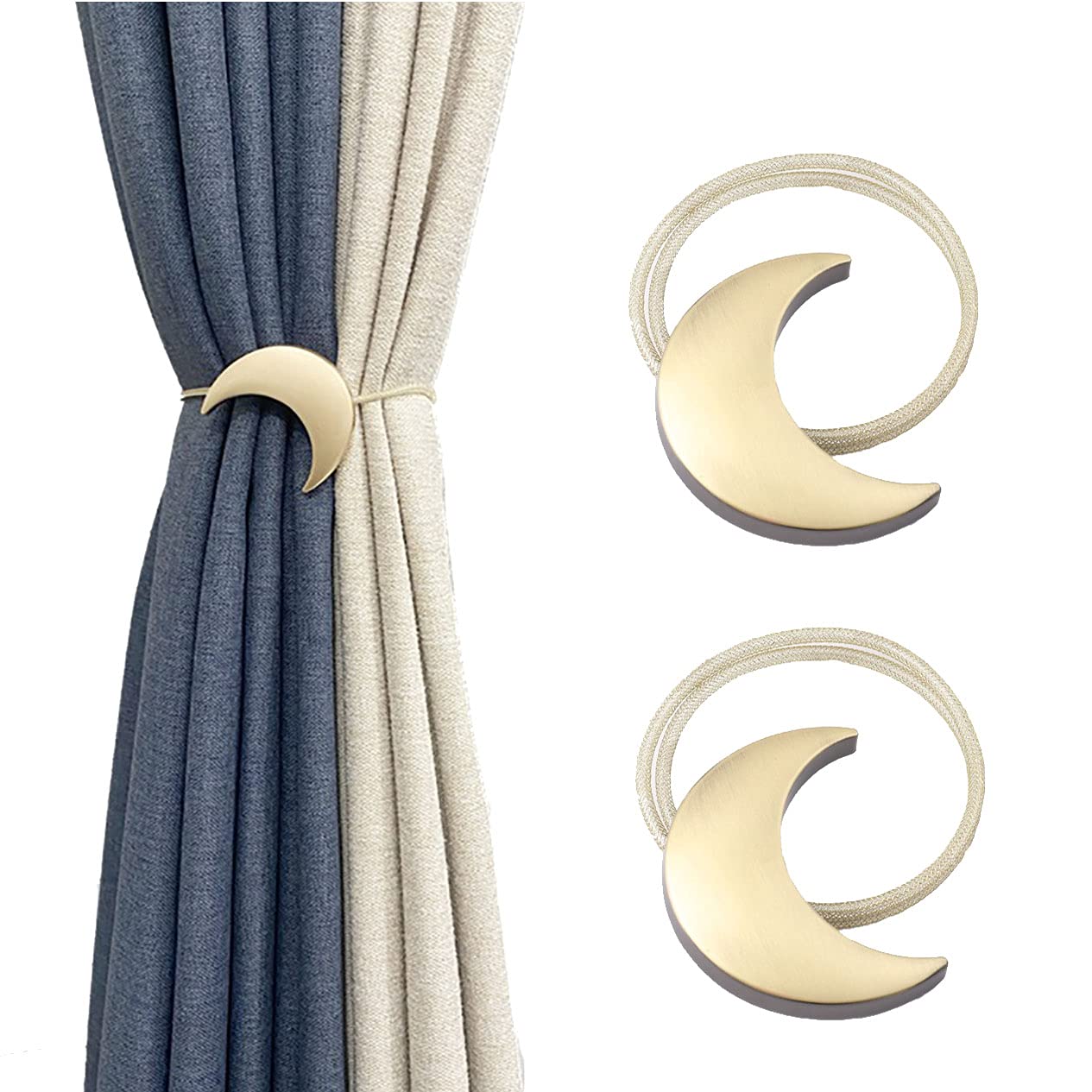 Magnetic Curtain Tiebacks Metal Moon Curtain Clips Rope Holdbacks Art Meniscus Gold Window Tie Backs for Home Office Decorative Drapes set of 2
