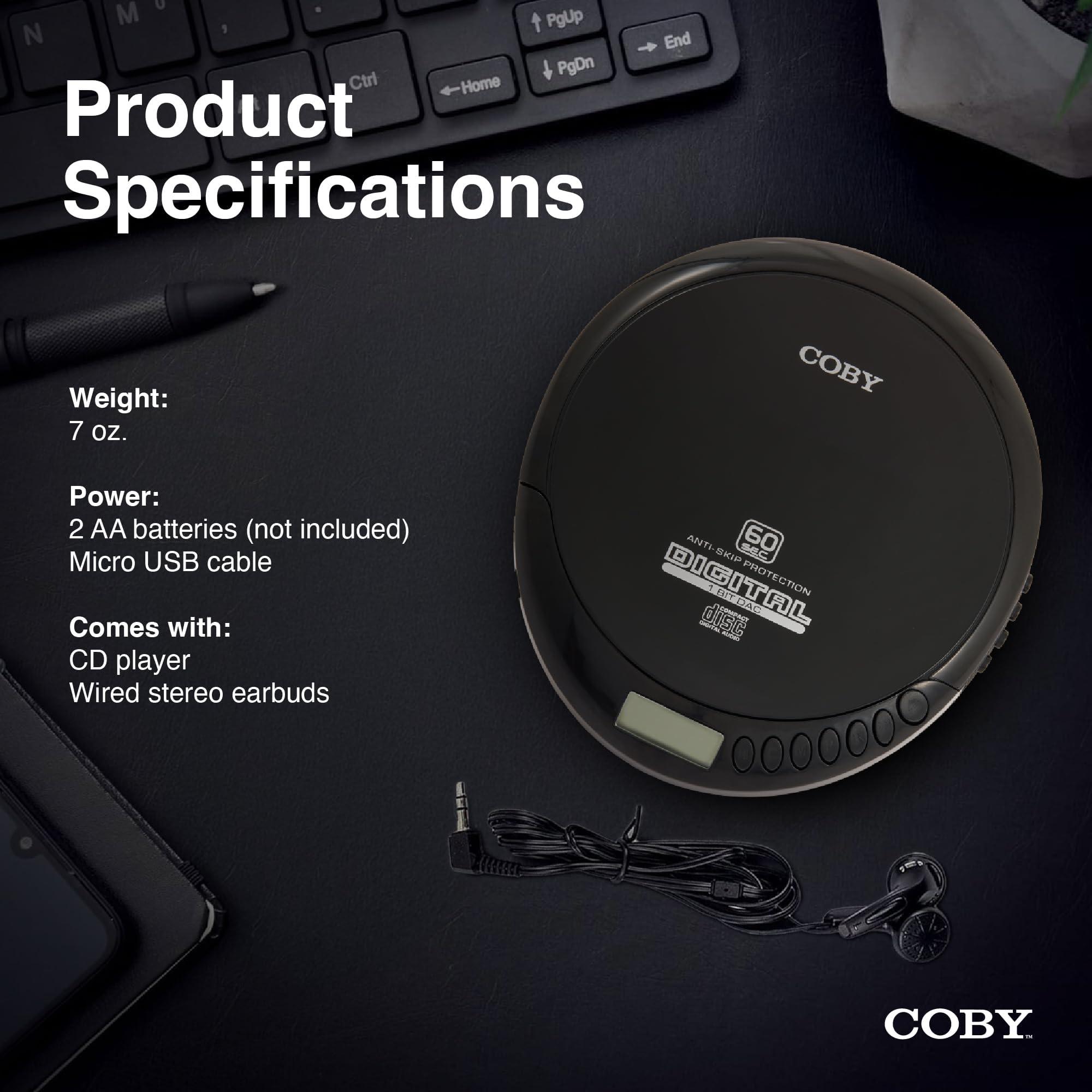 Coby Portable CD Player with Headphones, FM Radio and MP3 Compatible, LCD Display, 60-Second Anti-Skip Protection, Shockproof Design for Easy Travel, Includes Micro USB Cable for Charging