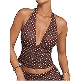 Milumia Women's Polka Dots Crop Halter Top Tie Bow Ruched Sheer Mesh Deep V Neck Sexy Tank Tops