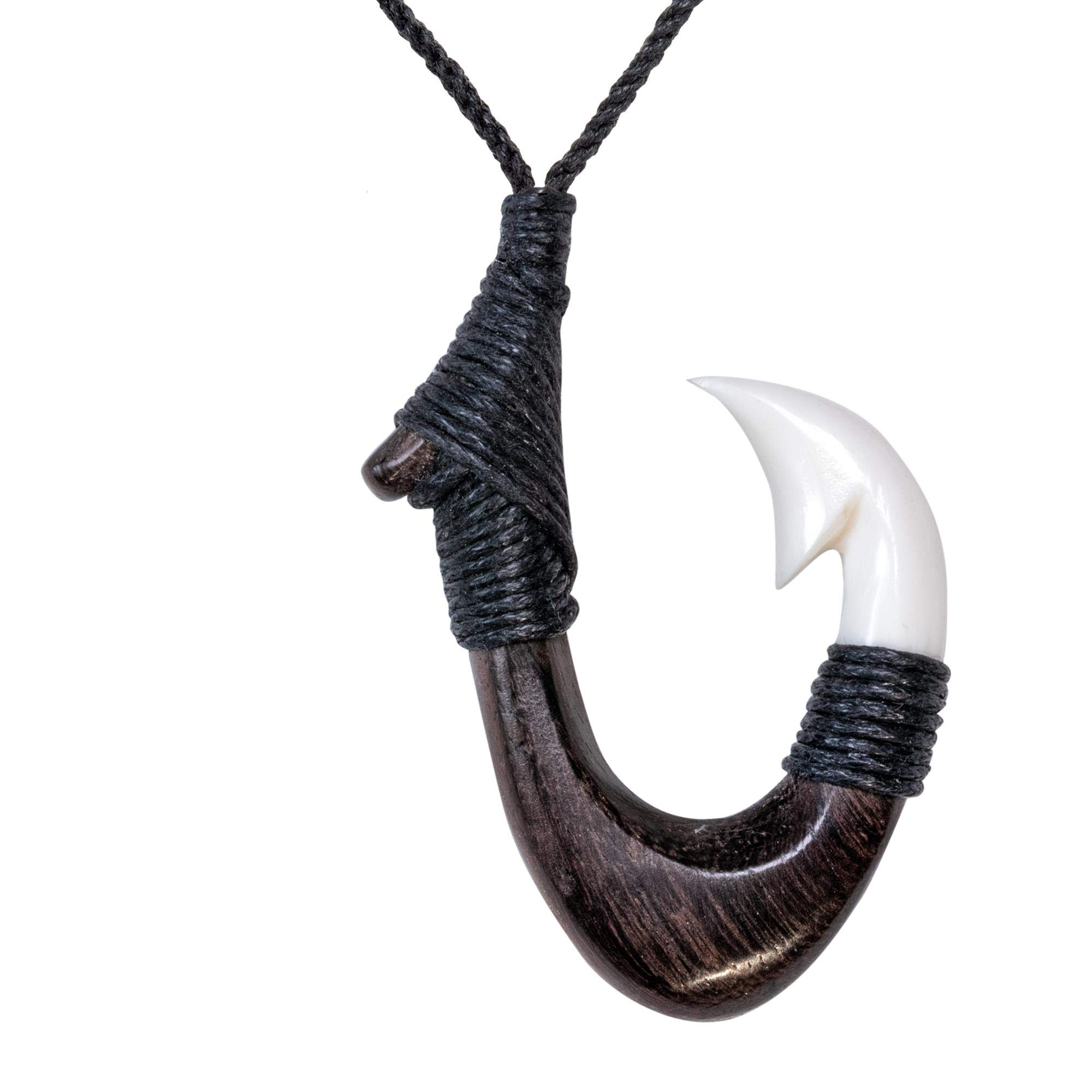 81stgeneration Hand Carved Bone and Wood HEI Matau Pendant Necklace - Fish Hook Bone Necklace - Maori Style Handmade Necklaces for Women - Surfer Necklace Men - Wooden Pendants