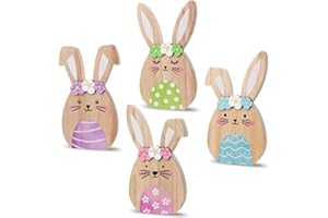 Haiabei 4 Pcs Easter Bunny Decor Easter Decorations Bunny Decor Spring Bunny Wood Tabletop Rustic Rabbits Wooden Tiered Tray 