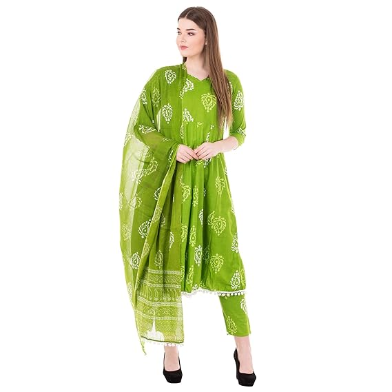 Women's Regular Cotton Kurta with Pant & dupatta (GC5000Green-M_Green_Medium)