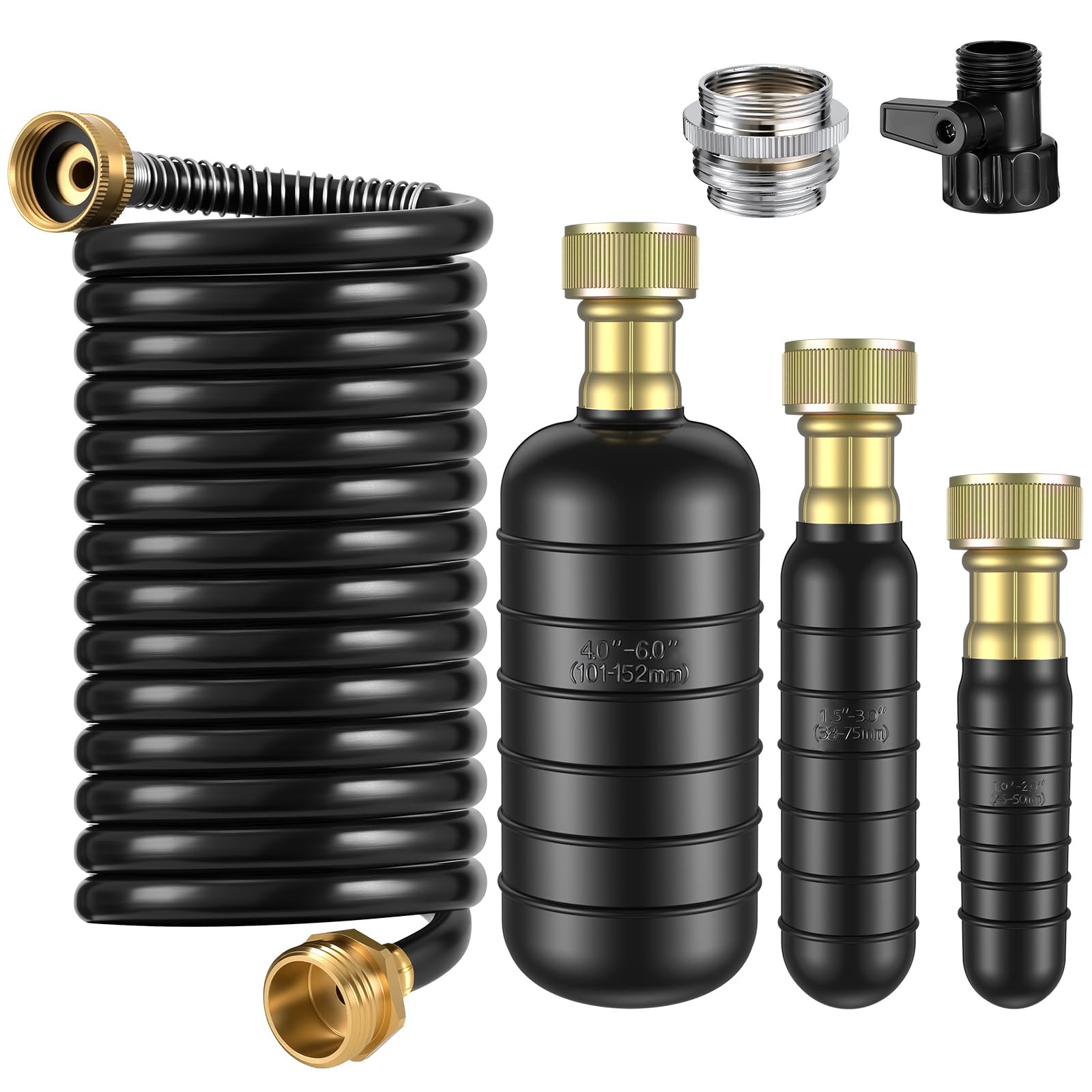 Photo 1 of 3 Pcs Drain Bladder Kit, Drain Cleaning Bladder Fits 1" to 6" Pipes, with 10 ft Retractable Hose, Shut-Off Valve & Brass Faucet Adapter Fits Most Faucets– For Sinks, Showers, Pools & Drains (Black)