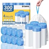 BYSNOW 4 Gallon 300 Counts Small Drawstring Trash Bags, Clear Garbage Bags | Mini Unscented White Plastic Waste Basket Liners Fit 11-15L Bins for Bathroom, Kitchen, Office, Car, Dorm