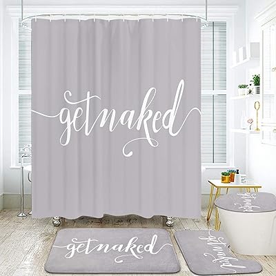Buy Tamoc 4 Pcs Get Naked Shower Curtain Set With Non Slip Rug Toilet Lid Cover And Bath Mat Funny Quotes Shower Curtain With 12 Hooks Grey And White Spoof Bathroom Curtain Waterproof