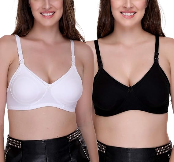 Women's Feeding Bra Full Cup Hosiery Cotton Breastfeeding Nursing Maternity (Multicoloured) Combo Pack of 2