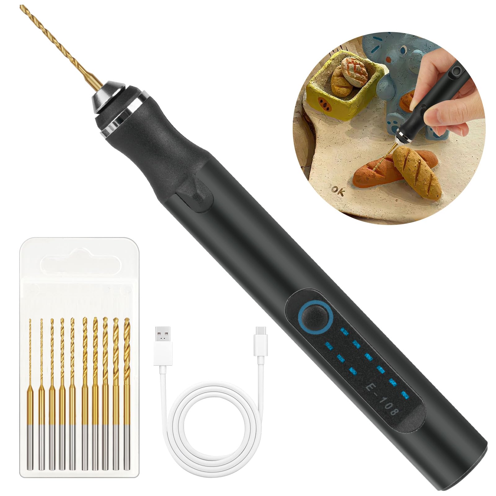 Ainiv 3-Speed Electric Mini Drill Pen, USB Charging DIY Electric Hand Drill, with 10 Small Drill Bits, Micro Drill Set, for Wood Resin Plastic Keychain Pendant Earring Jewelry Making, Black