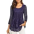 VALOLIA Women's 3/4 Sleeve Tunic Tops Casual Loose Fit Floral Blouses Mesh Pleated Layered Shirt