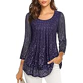VALOLIA Women's 3/4 Sleeve Tunic Tops Casual Loose Fit Floral Blouses Mesh Pleated Layered Shirt