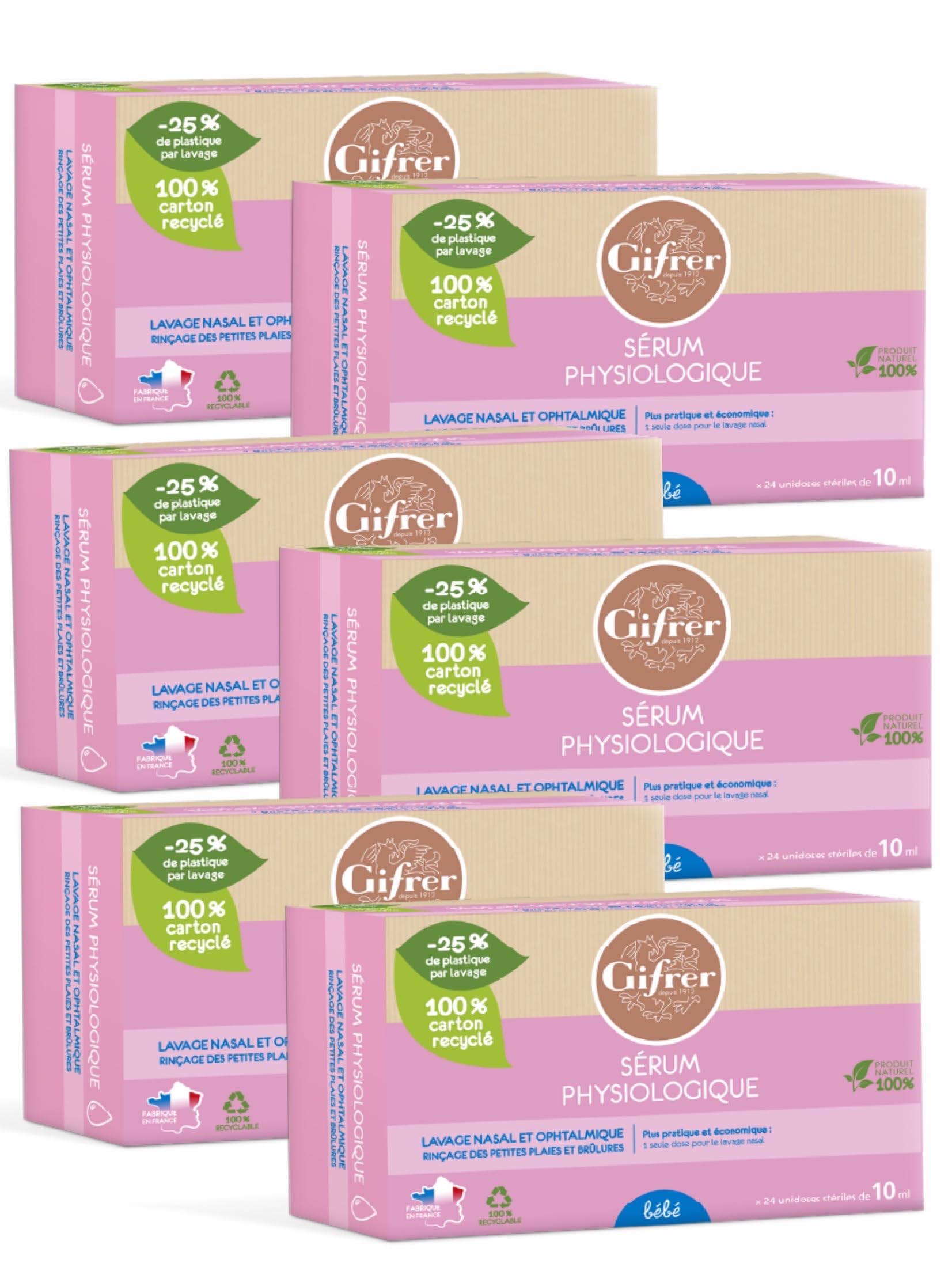 Gifrer Physiological Serum for Nasal and Ophthalmic Wash – Pack of 6 Boxes of 24 x 10 ml