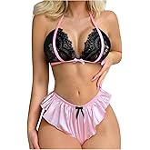 Milumia Women's 2 Piece Pajama Set Contrast Lace Halter V Neck Bra and Ruffle Panty Lingerie Set