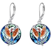 S925 Silver Phoenix/Cardinal Dangle Drop Leverback Earrings with Crystal from Austria, Christmas Birthday Jewelry Gifts for Women