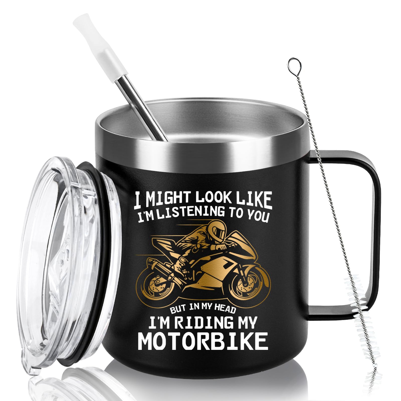 Livole in My Head I’m Riding My Motorbike, Funny Gifts for Men, Dad, Him, Colleagues, Motorcycle Motorbike Gifts for Men, Christmas Fathers Day Presents, 12oz 350ml Insulated Travel Mug with Handle