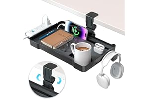 KDD Under Desk Organizer - 360° Rotating Clamp-On Tray with Headphone Hook, Phone & Tablet Holder, Cup Holder, and Cable Management - No Drilling Desk Storage Accessories for Office and Home