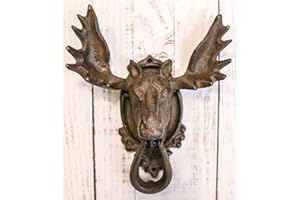 Ebros Gift Rustic Western Forest Horned Bull Moose Head Cast Iron Door Knocker 10" Tall Figurine Decorative Knockers Buck Deer Elk for Cabin Lodge Home Accent Decor Hardware