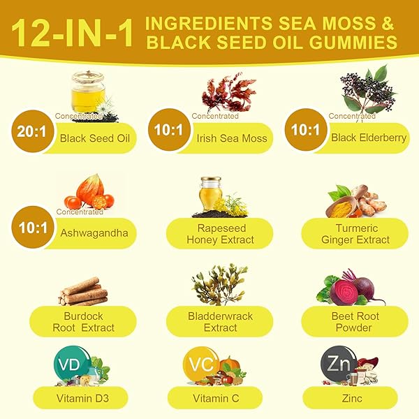 B BEWORTHS BLACK SEED OIL & SEA MOSS GUMMIES, ORGANIC IRISH SEA MOSS GUMMIES WITH ASHWAGANDHA, BLACK SEED OIL, ELDERBERRY, TURMERIC, VITAMIN D3/C AND ZINC – SUPPORT JOINTS, DIGESTION, HAIR & SKIN