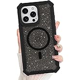 Bonoma for iPhone 15 Pro Max Case, Sparkly Glitter Bling Back, Magnetic Support for MagSafe Shockproof Cover, Crystal and Corner High-Duty Protection for Girls Women -Black